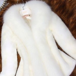 White Fashion Slim Faux Fur Collar Solid Coat